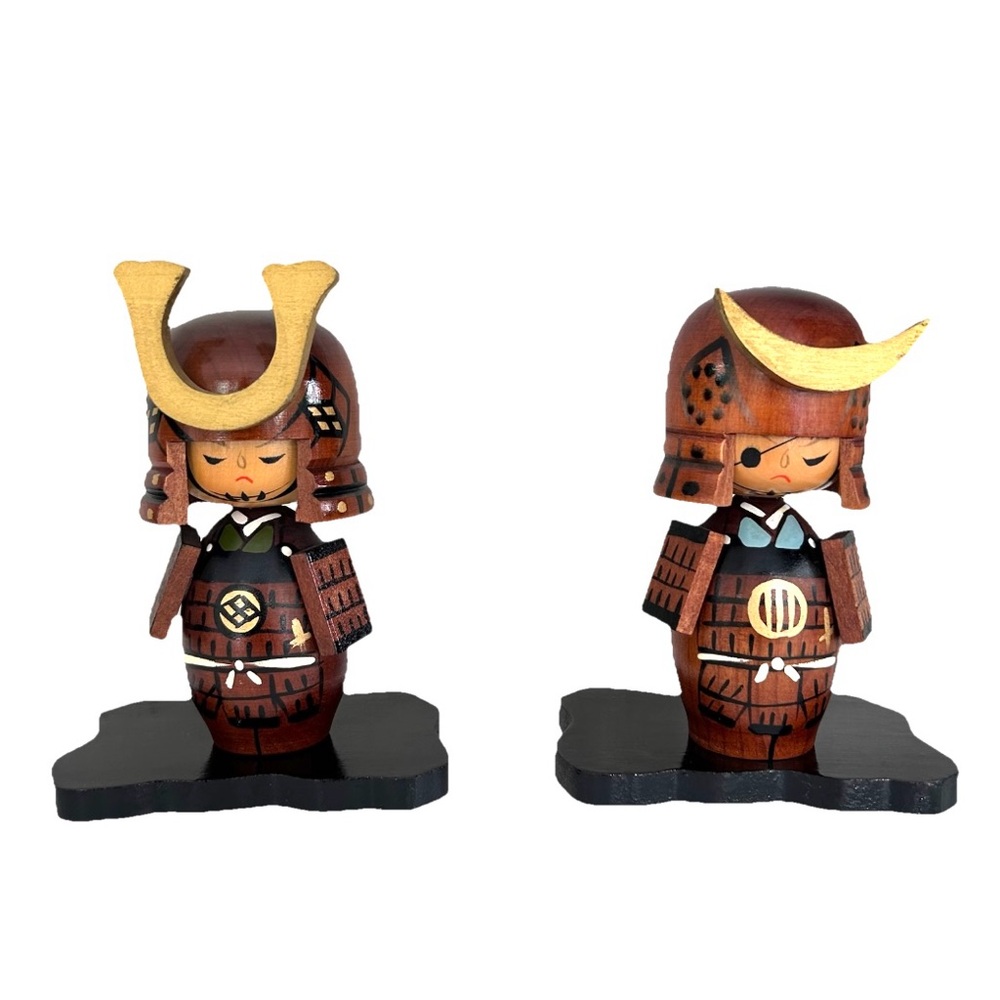 Lot of 2 Wooden Kokeshi Samurai Dolls